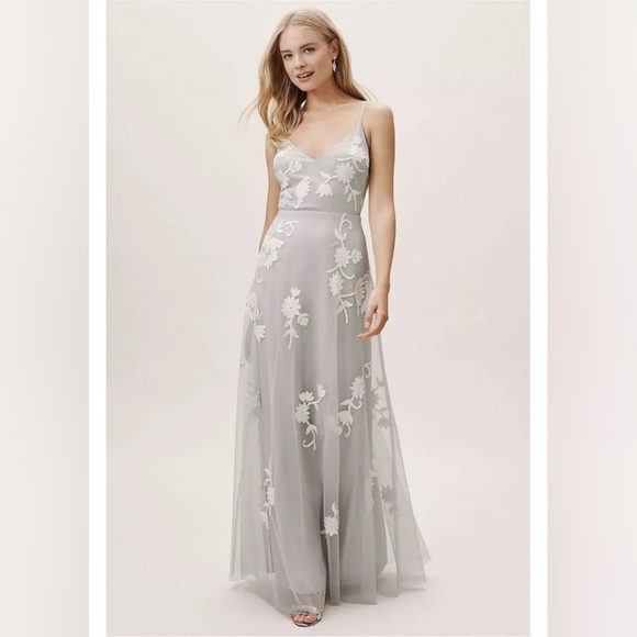 Anthropologie BHLDN Bethany Light Gray Floral Embroidered Dress - Picture 3 of 8